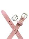 Pink leather belt with gold buckle on a white background
