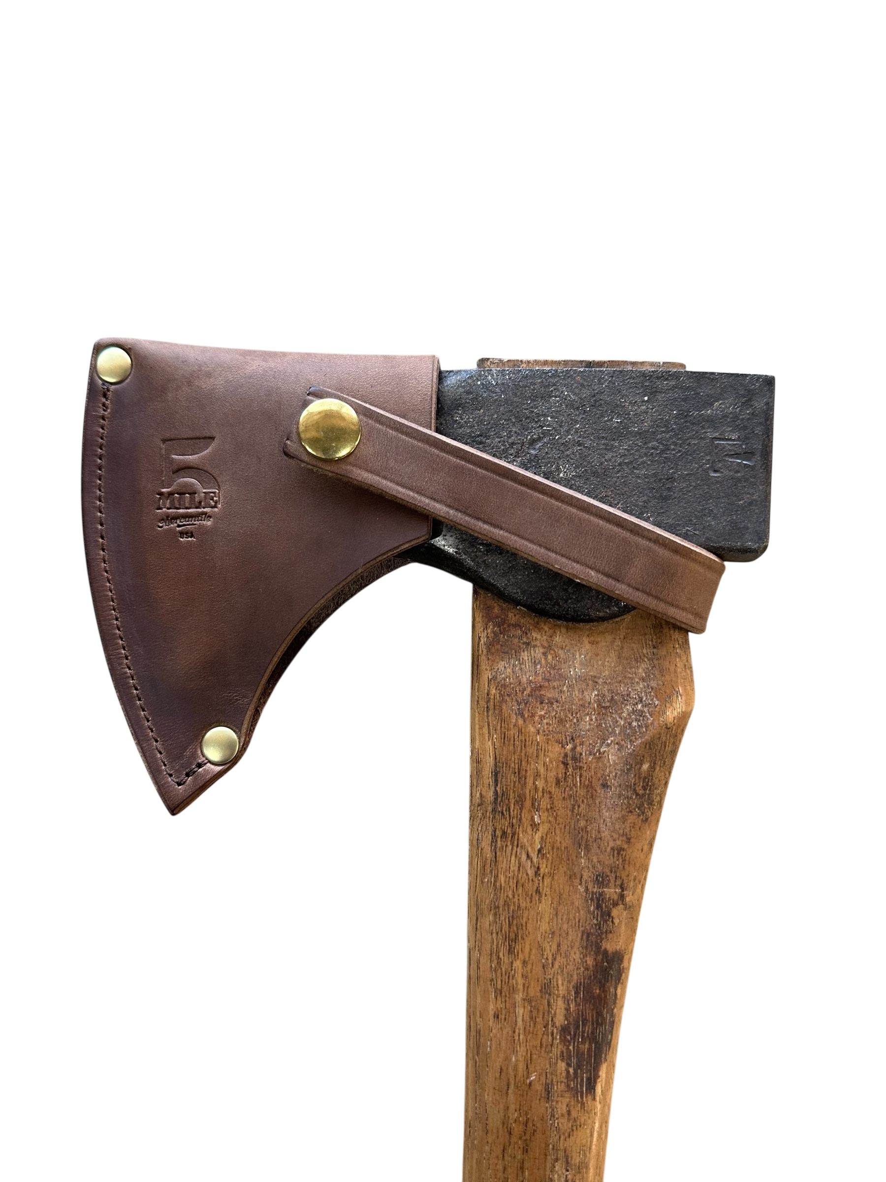 Wooden axe with leather handle on a white background