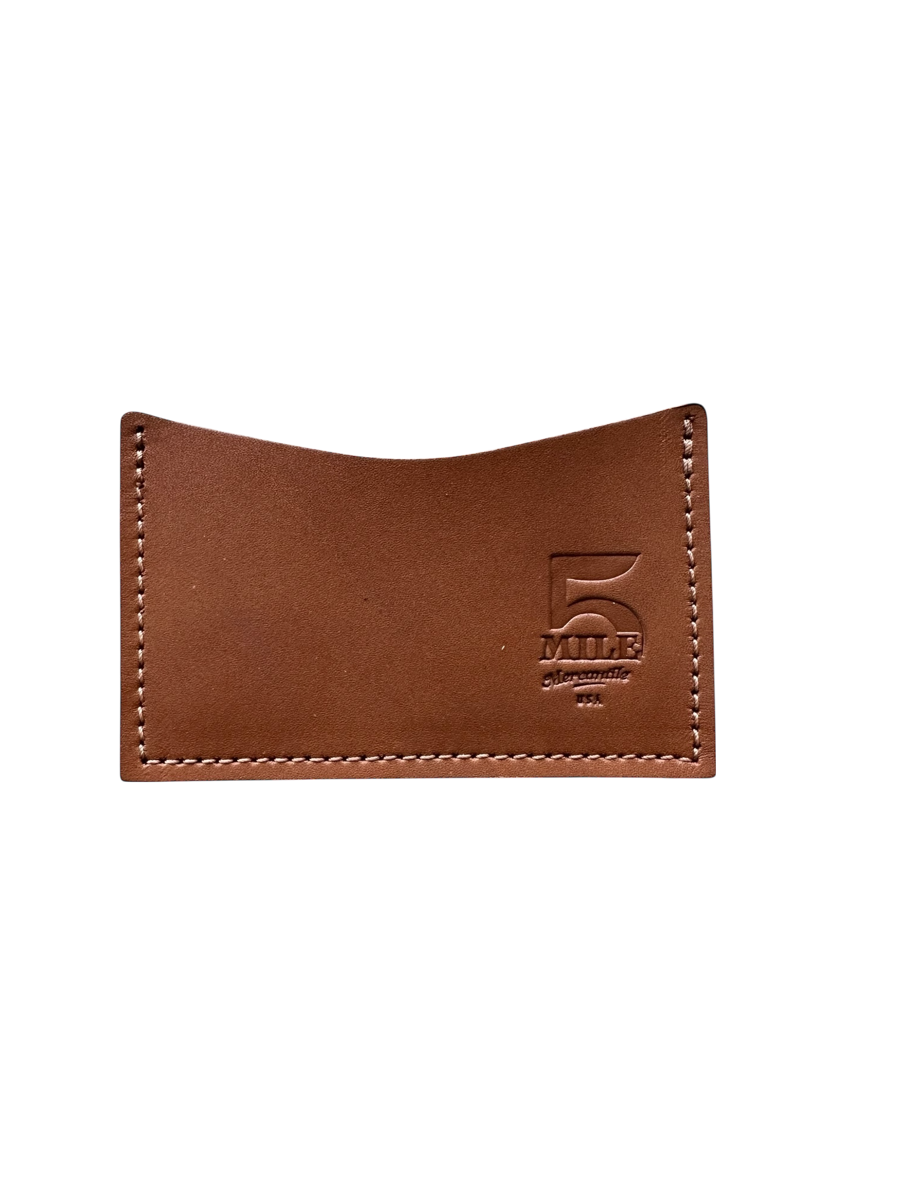 Brown leather cardholder with '5 Mile' branding on a white background