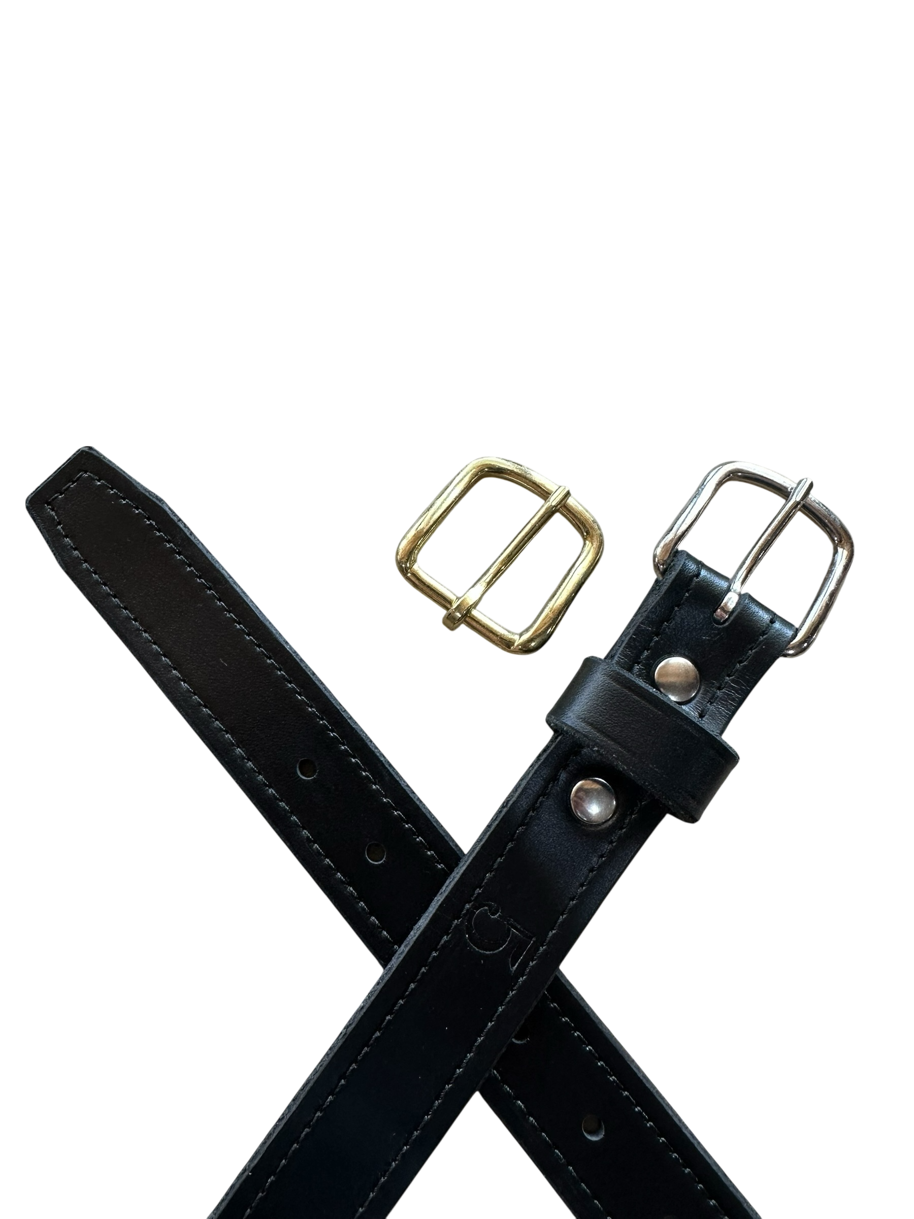 Black leather belt with gold and silver buckles on a white background