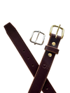 Brown leather belt with silver and gold buckles on a white background