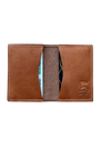 Brown leather wallet with a card slot on a white background
