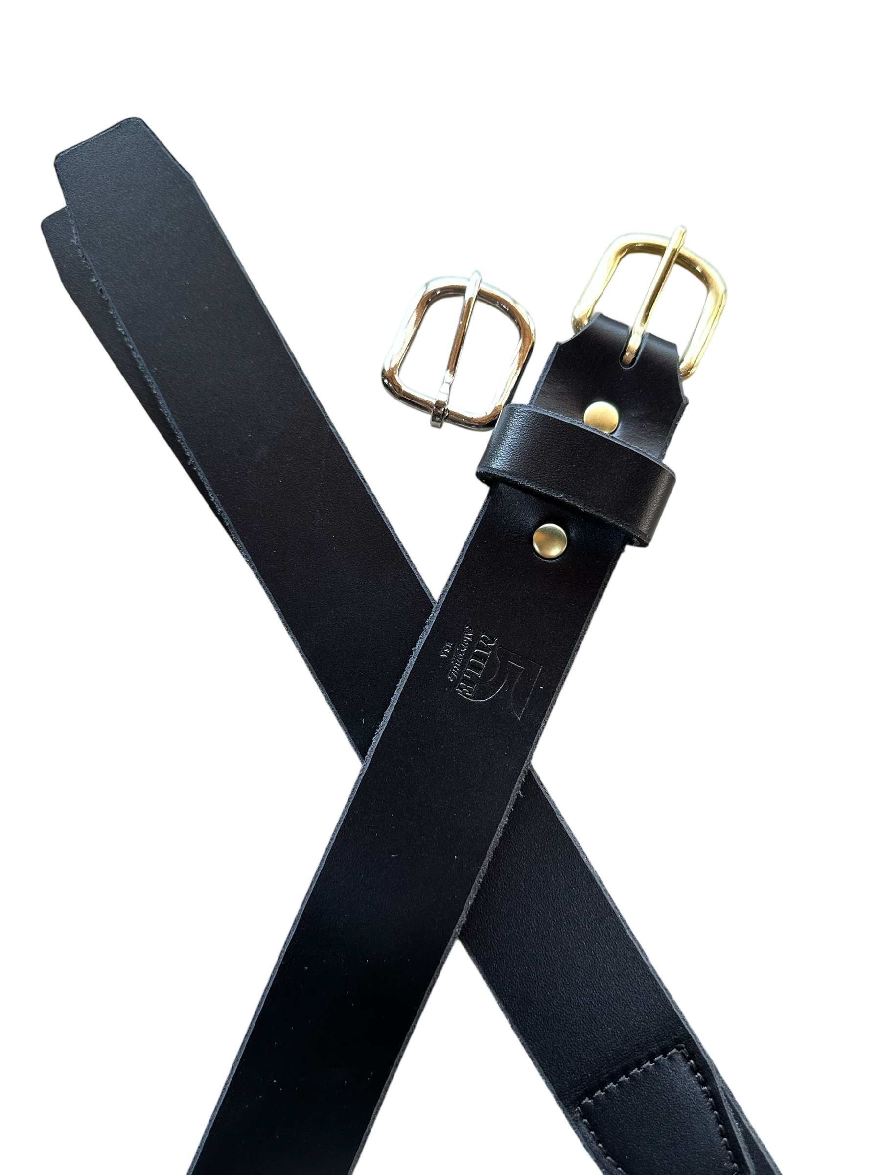 Black leather belt with gold buckles on a white background