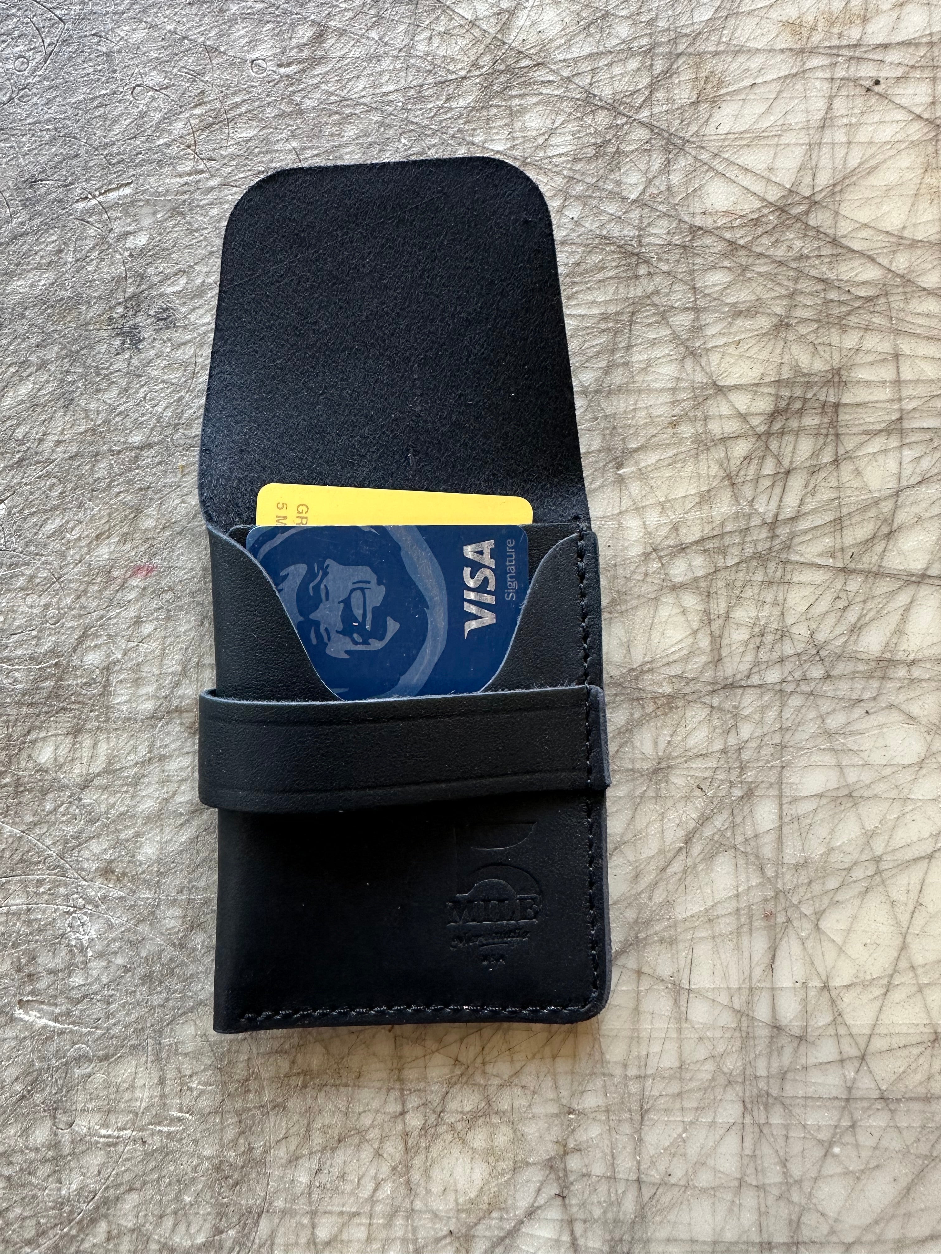 Pocket wallet with flap Black Open on cutting table