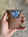 Pocket wallet with flap Brown flap open on cutting table