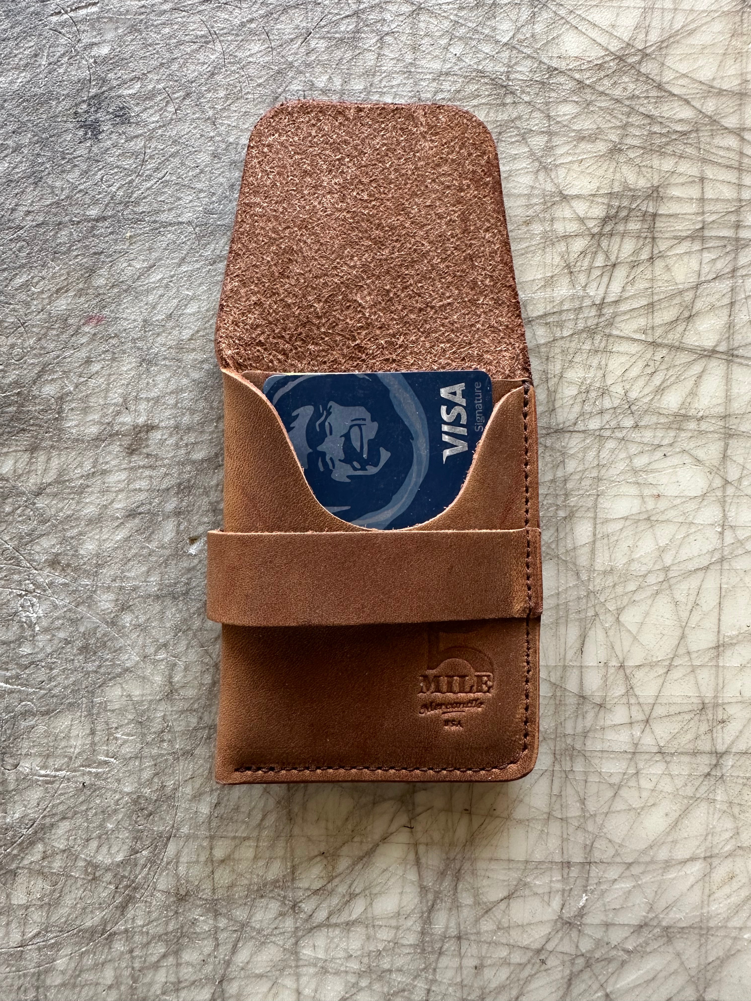 Pocket wallet with flap Brown on cutting table