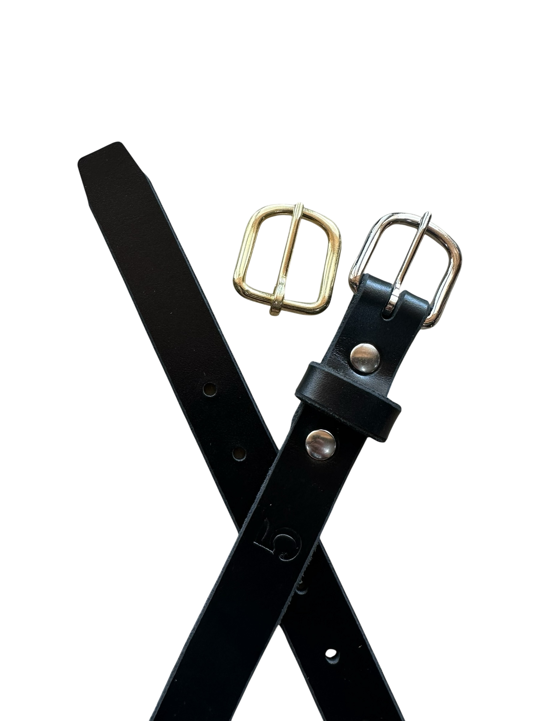 Black leather belt with gold and silver buckles on a white background