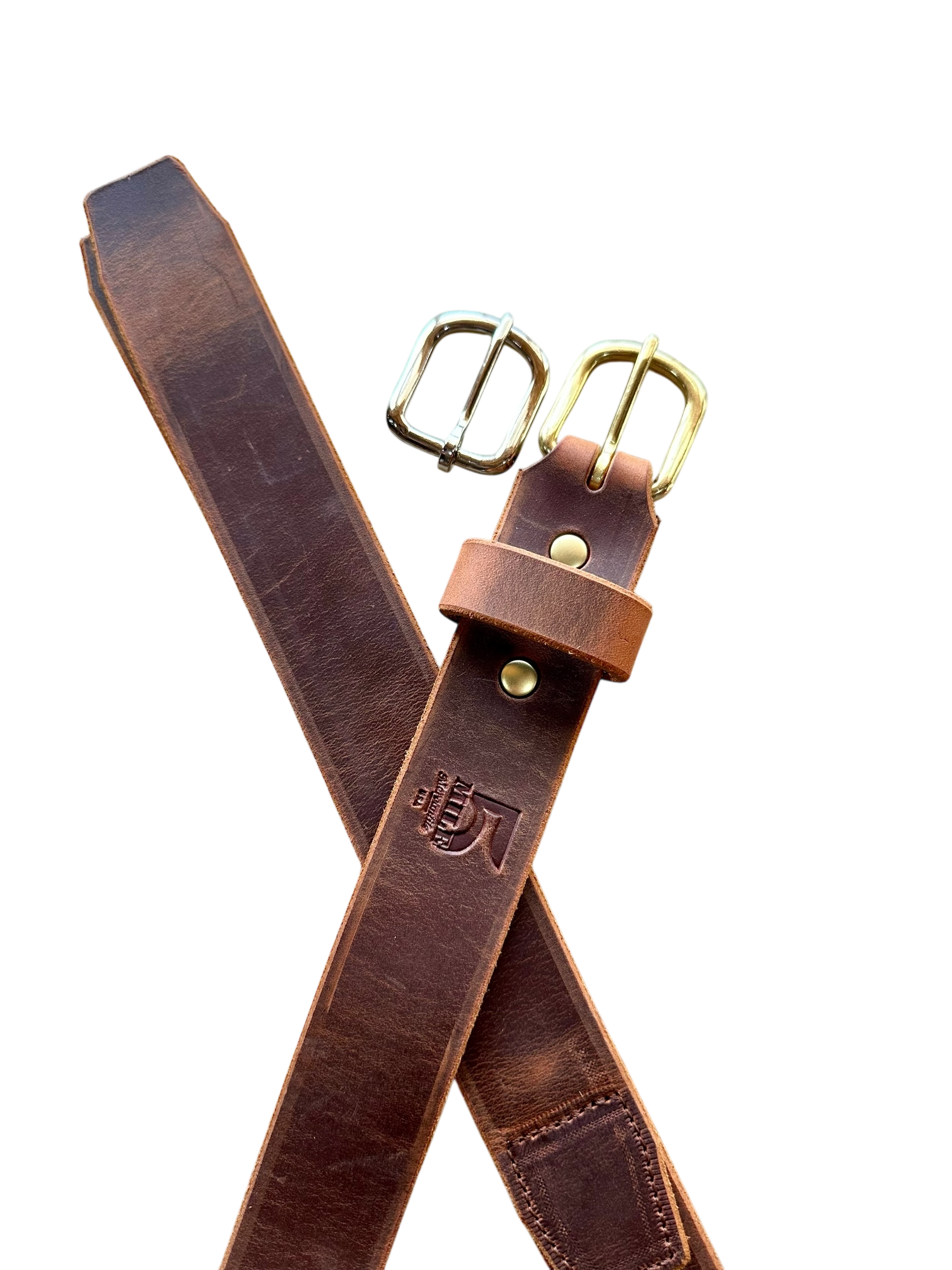Brown leather belt with brass buckle on a white background