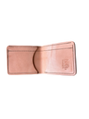 Open beige leather wallet on a white background