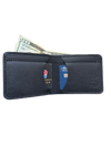 3 pocket bifold wallet black with cards and money on cutting table