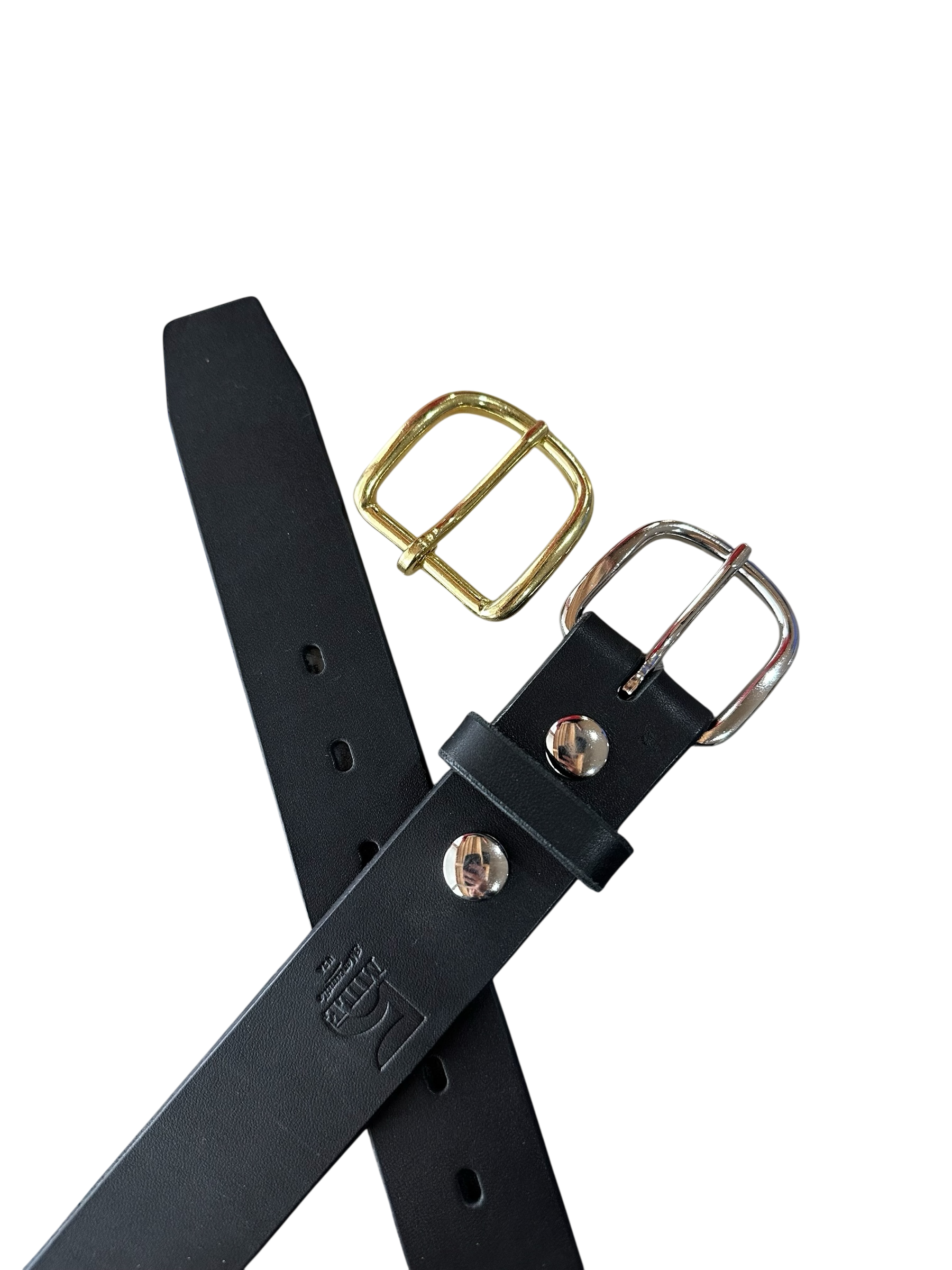 Black belt with gold and silver buckles on a white background