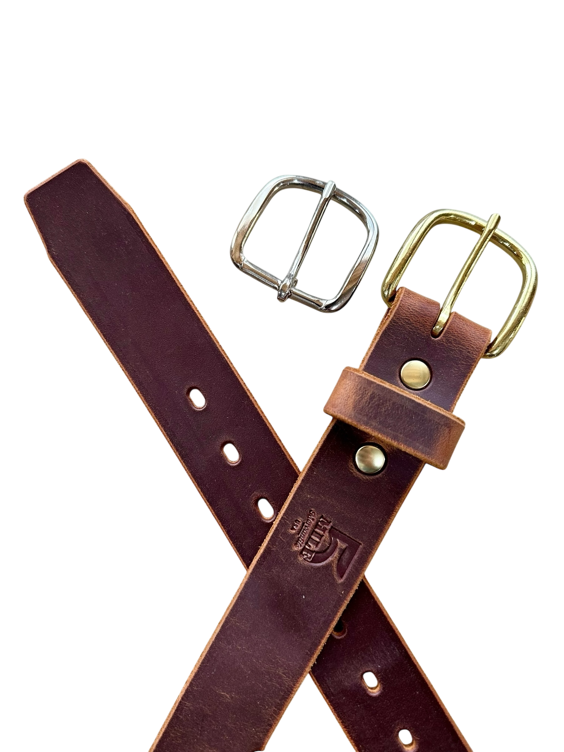 Brown leather belt with two buckles on a white background