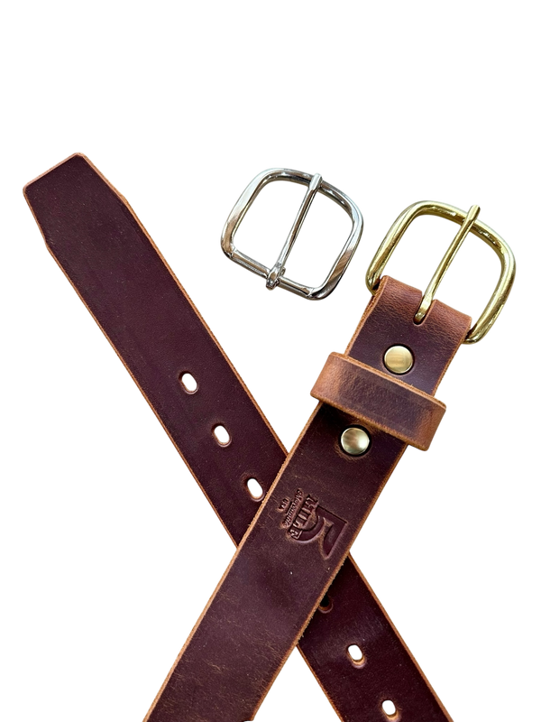 Brown leather belt with two buckles on a white background
