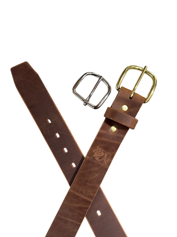 Brown leather belt with two buckles on a white background