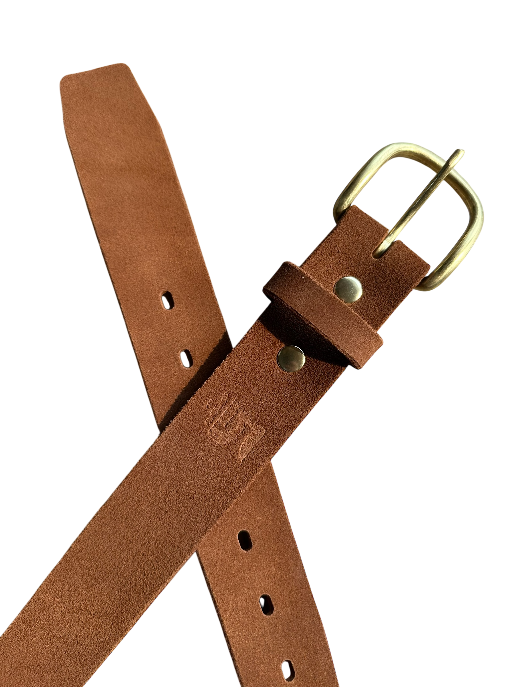 Brown leather belt with brass buckle on a white background