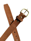 Brown leather belt with brass buckle on a white background