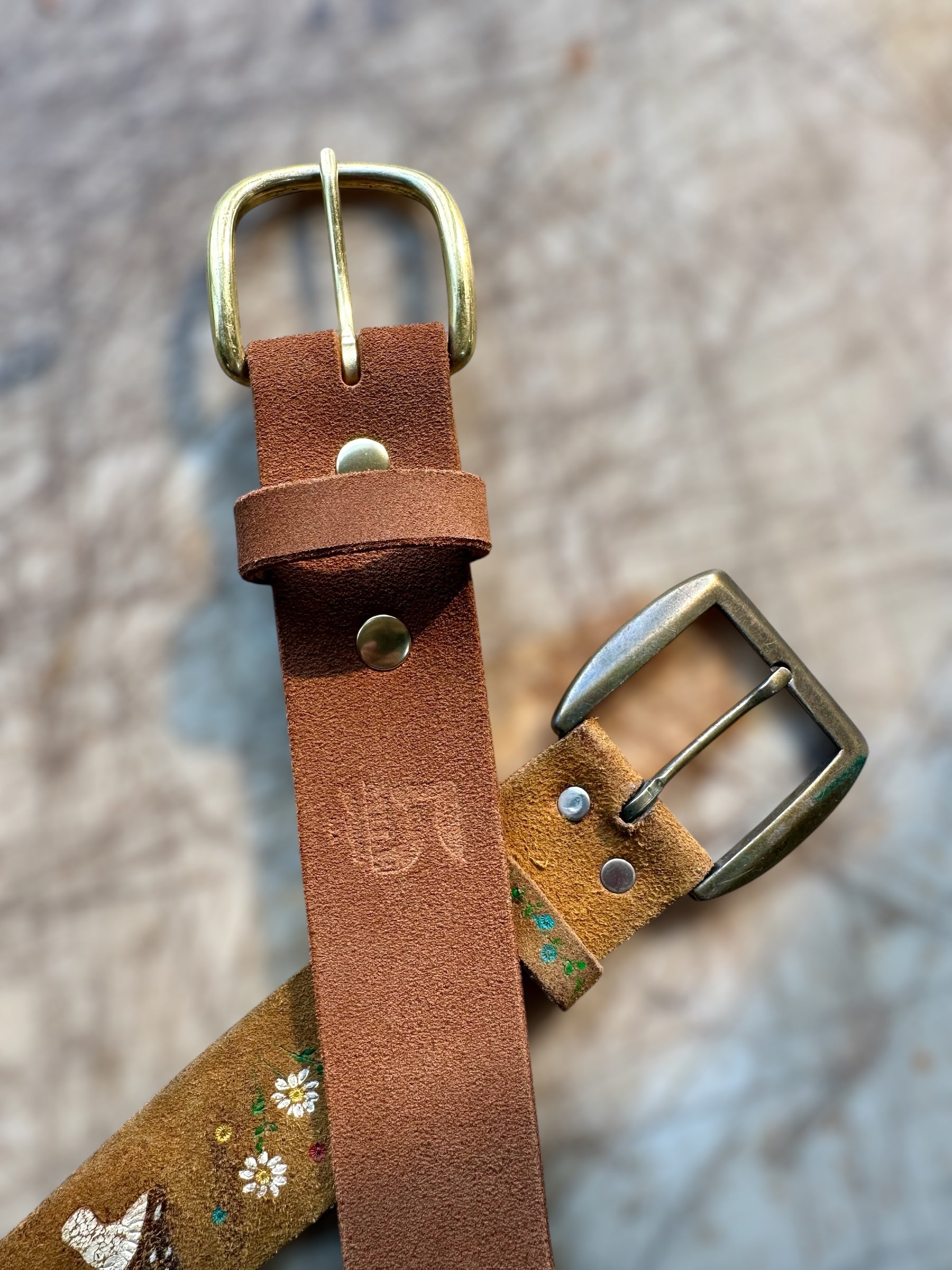 Two brown leather belts collars with brass buckles on a textured surface.