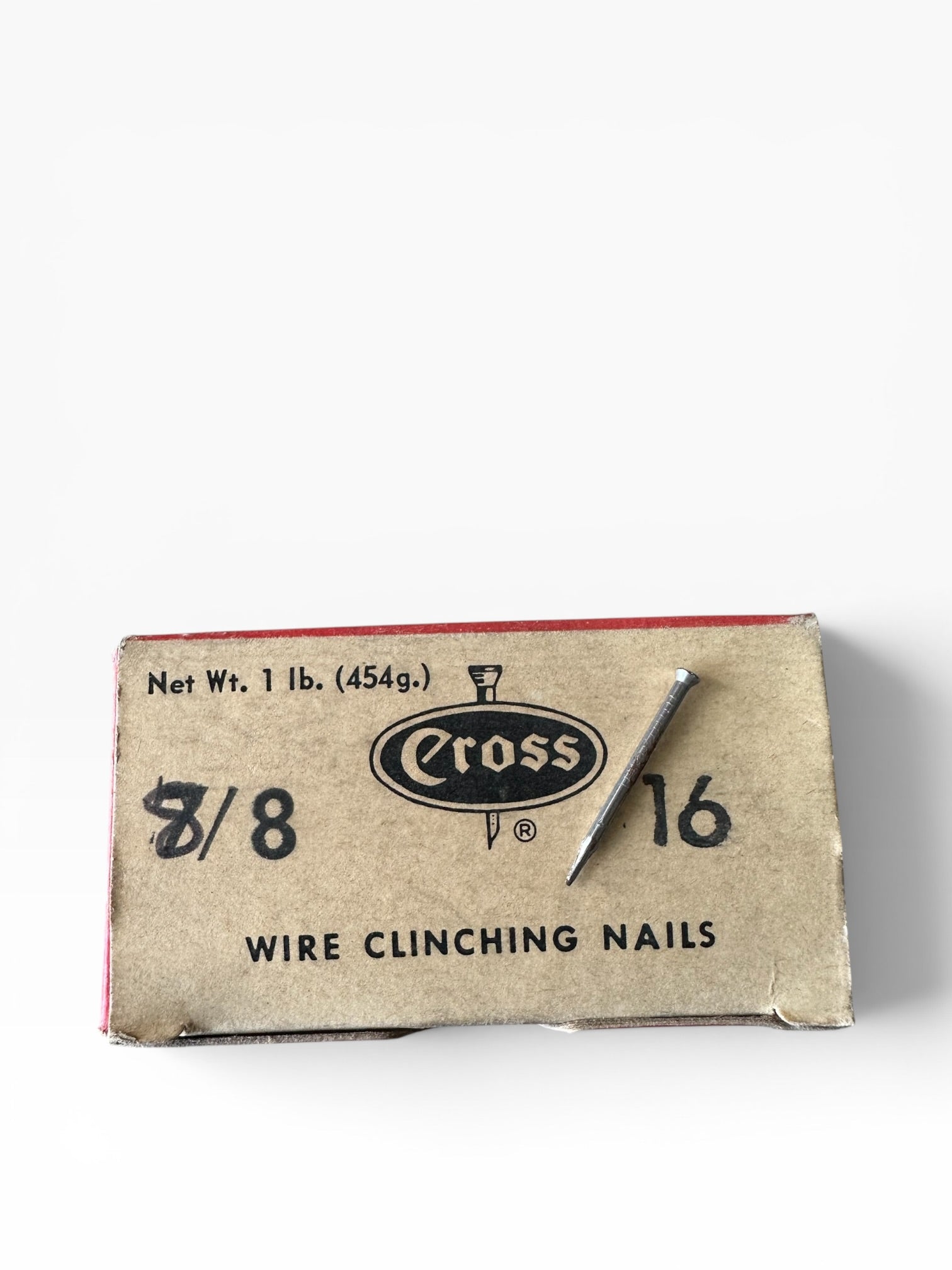 Box of Cross wire clinching nails on a white background