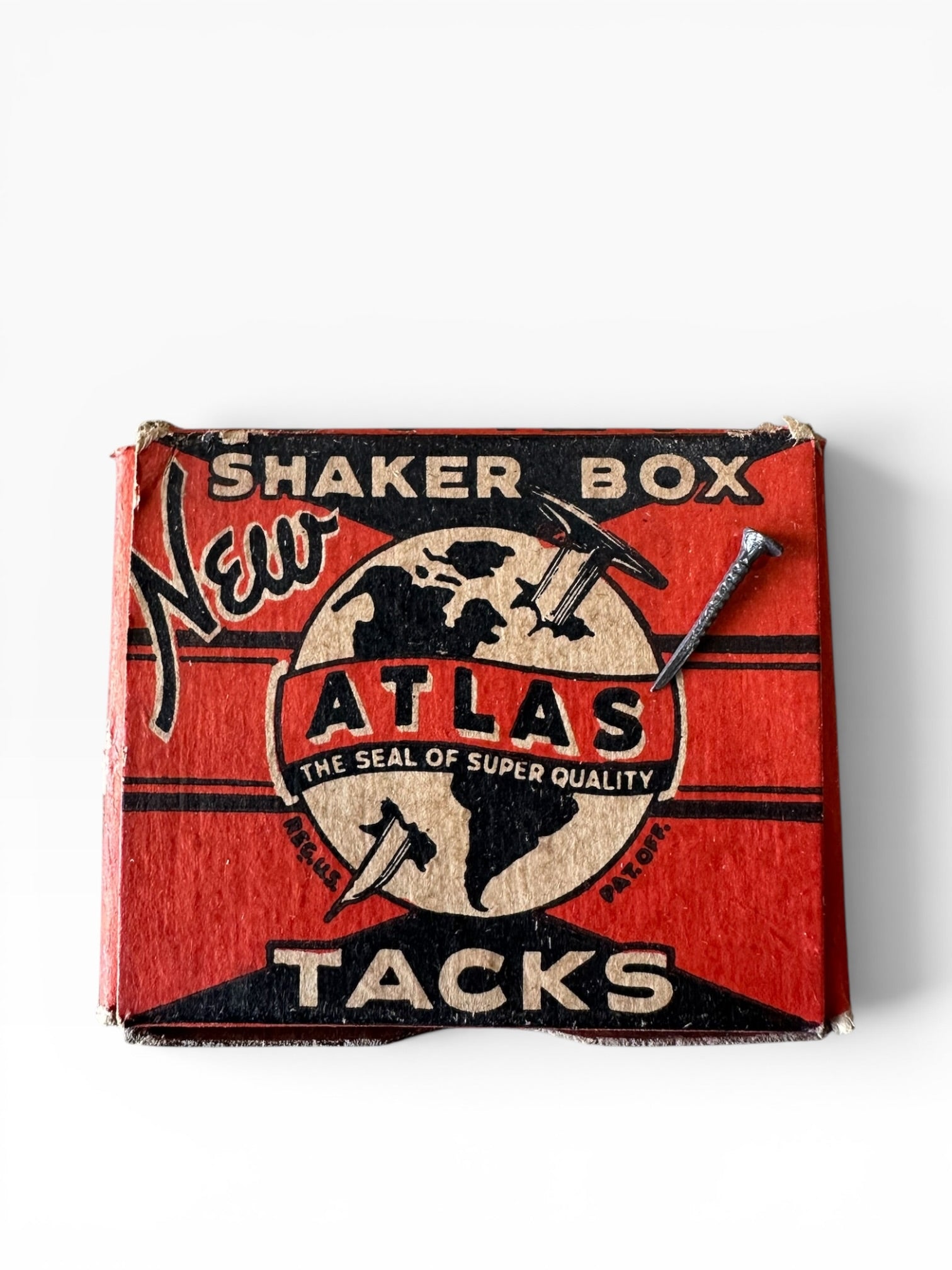 Vintage Atlas Tacks shaker box with red and black design on a white background