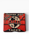 Vintage Atlas Tacks shaker box with red and black design on a white background