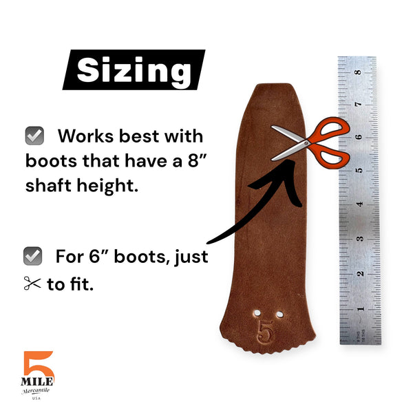 Measurement guide for boot sizing with a brown boot, ruler, and scissors on a white background.