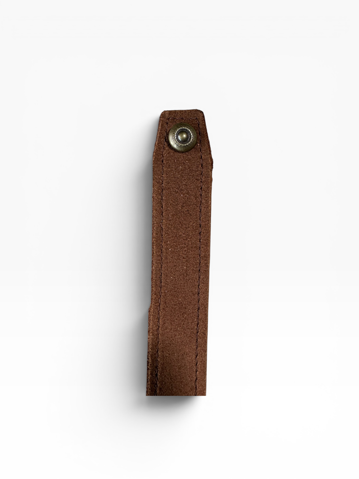 A brown leather strap or keychain loop with a silver metal snap button, shown vertically on a plain white background.