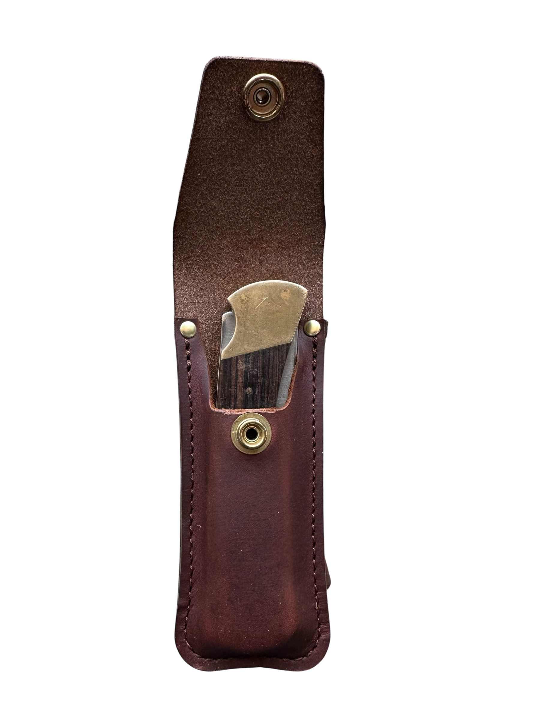 Brown leather sheath with brass clip on a white background