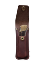 Brown leather sheath with brass clip on a white background