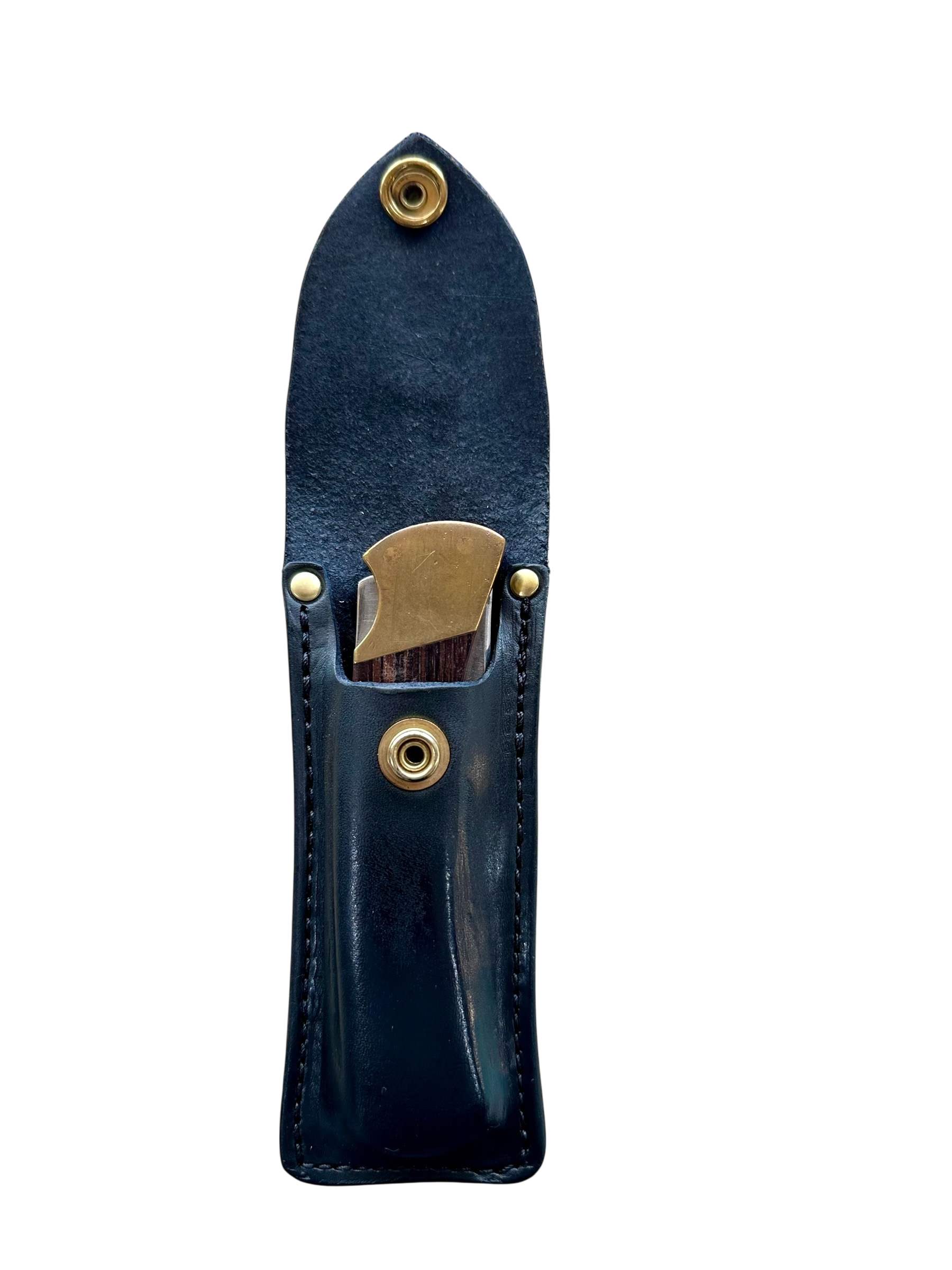 Buck 110 Vintage Replica leather knife sheath with brass fasteners on a white background