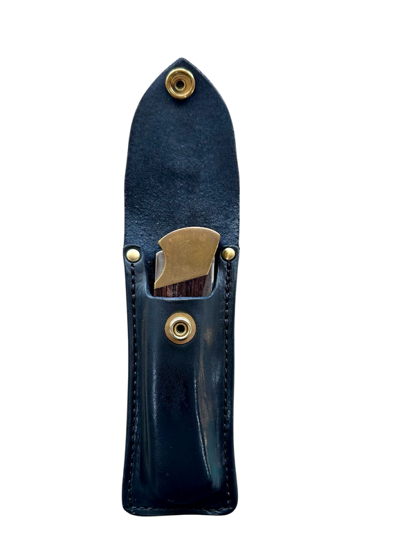 Buck 110 Vintage Replica leather knife sheath with brass fasteners on a white background