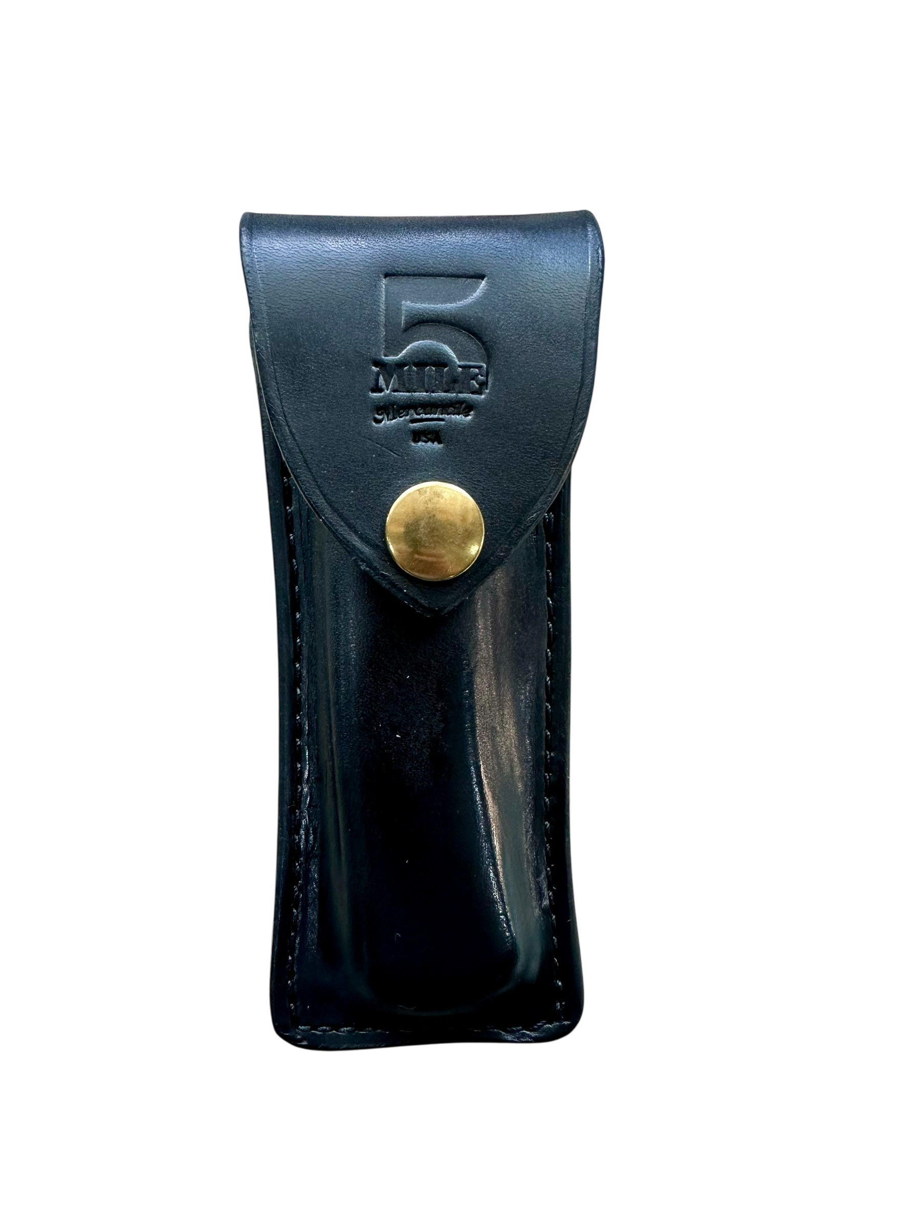 Buck 110 Vintage Replica leather knife sheath with brass fasteners on a white background flap closed