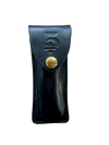 Buck 110 Vintage Replica leather knife sheath with brass fasteners on a white background flap closed