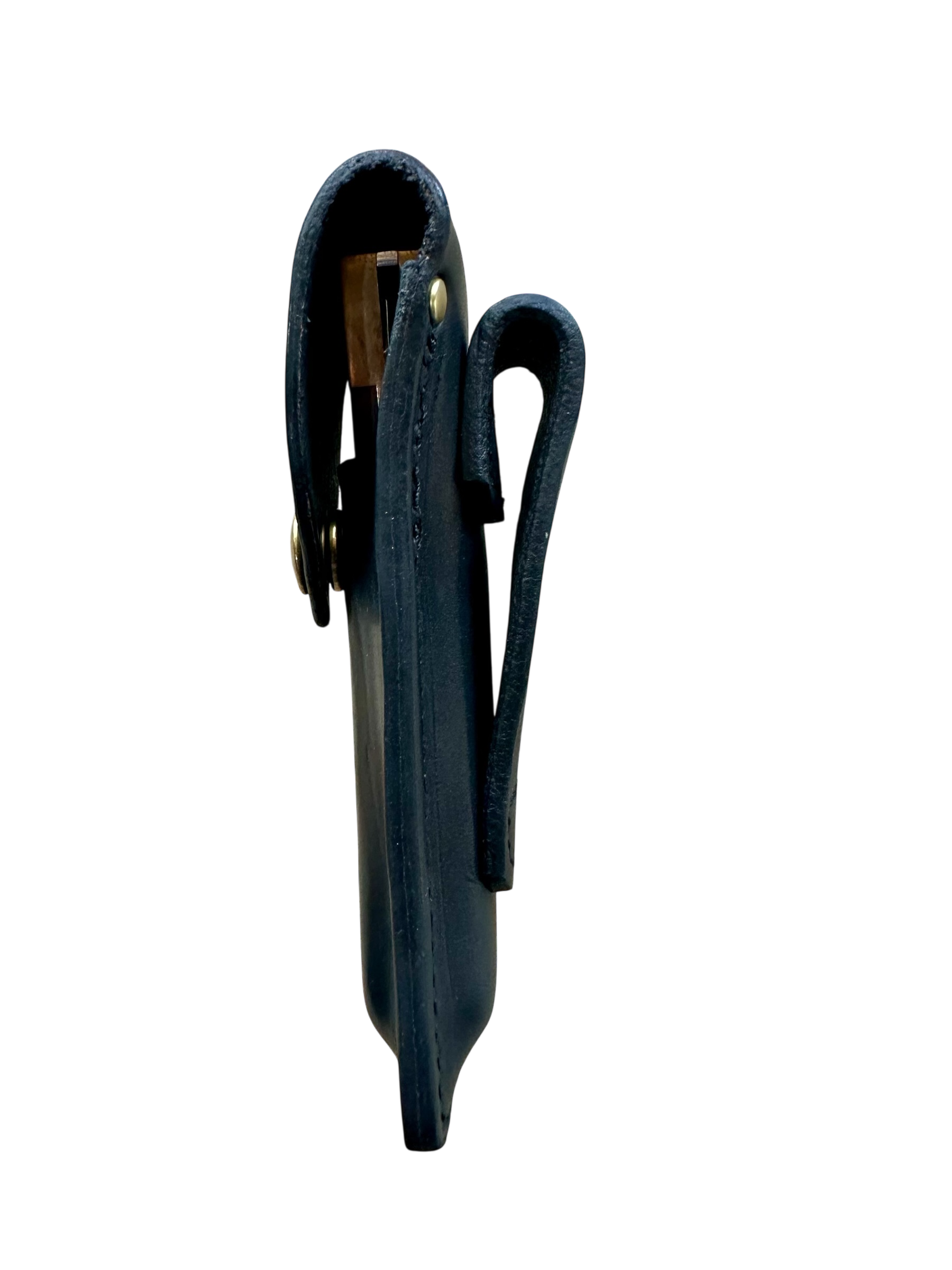 Buck 110 Vintage Replica leather knife sheath with brass fasteners on a white background side profile
