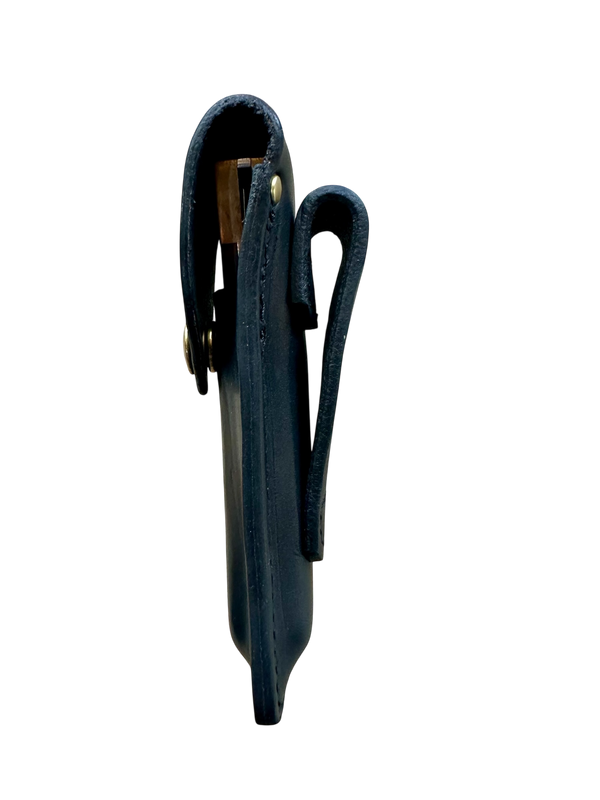 Buck 110 Vintage Replica leather knife sheath with brass fasteners on a white background side profile