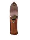 Brown leather knife sheath with a brass knife on a white background