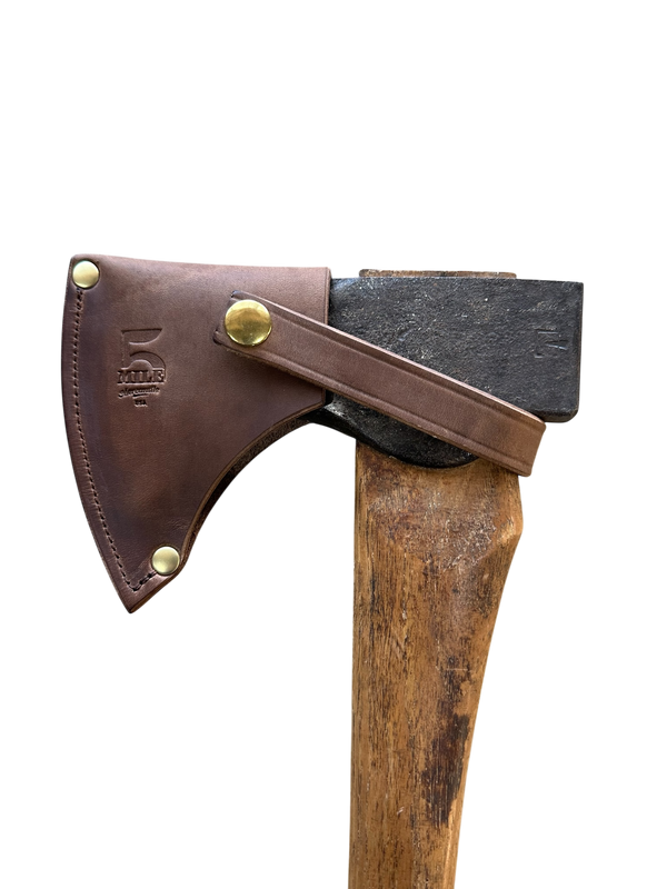 Wooden axe with leather handle on a white background