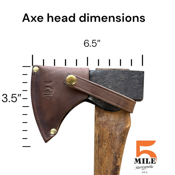 Camp axe with brown sheath with axe head dimensions