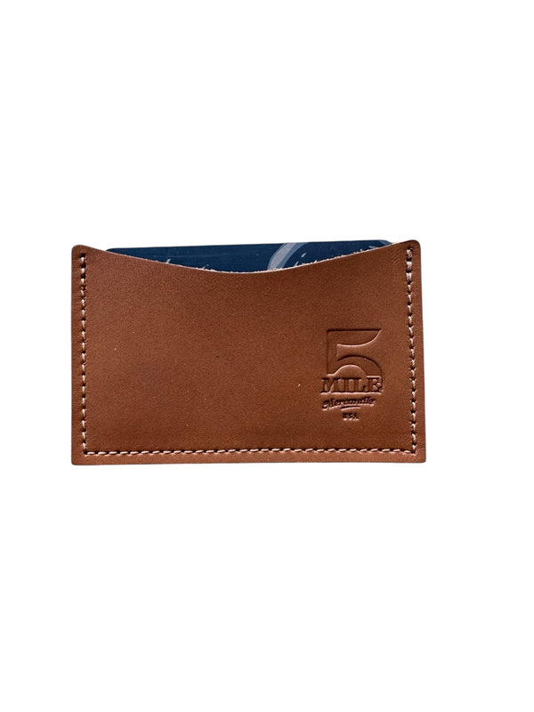 Brown leather cardholder with '5 Mile' branding on a white background