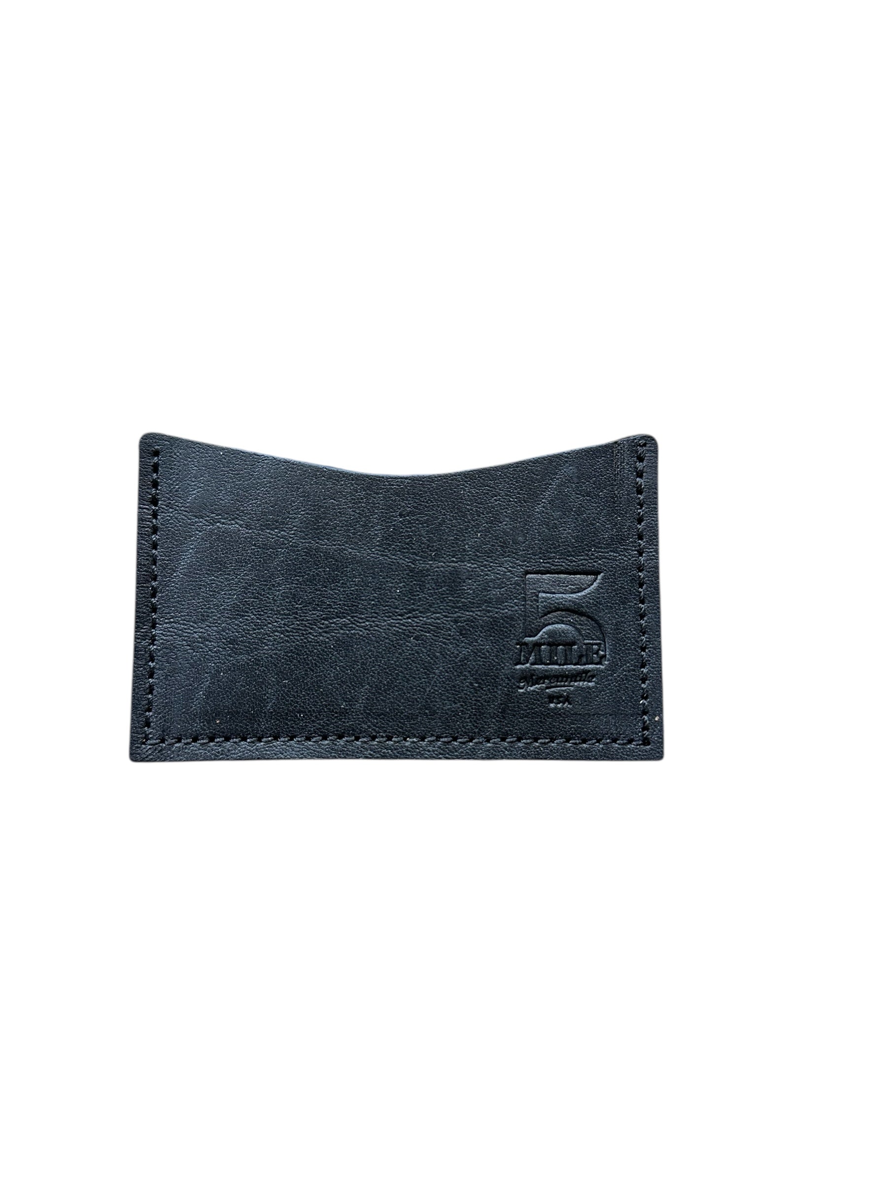 Black leather cardholder with brand logo on a white background