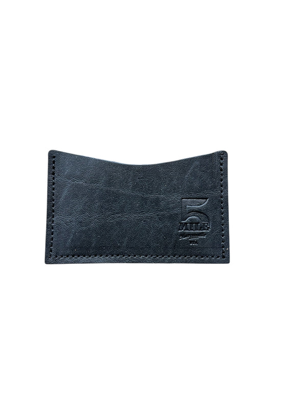 Black leather cardholder with brand logo on a white background