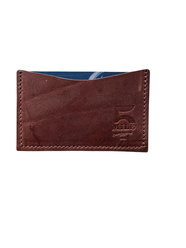 Brown leather wallet with brand logo on a white background