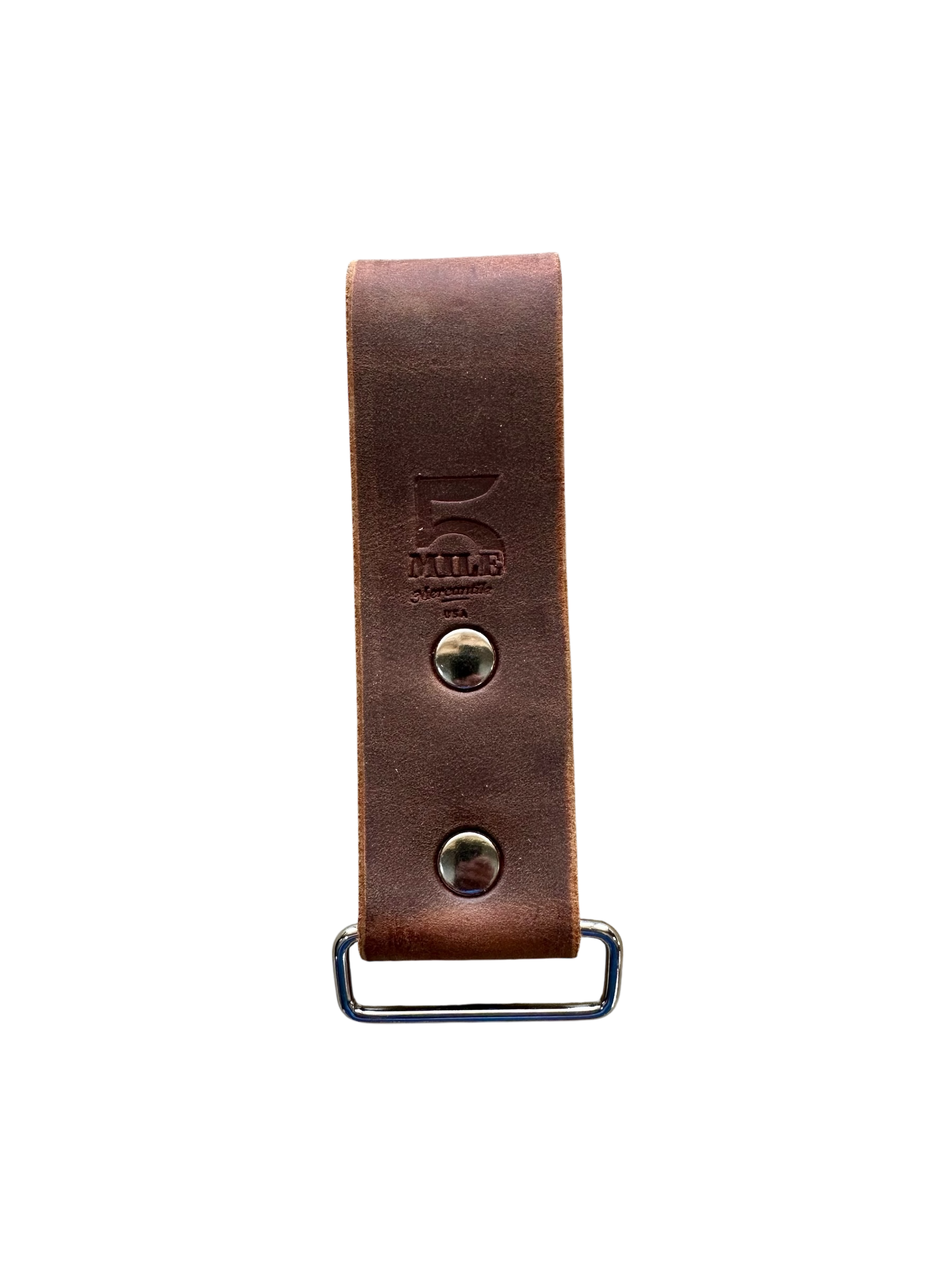 Brown leather strap with metal buckle on a white background