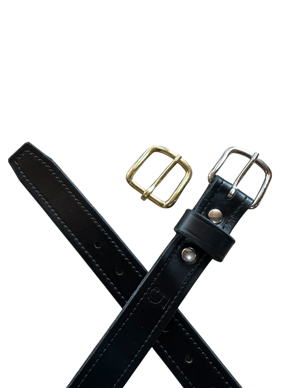 Black leather belt with gold and silver buckles on a white background