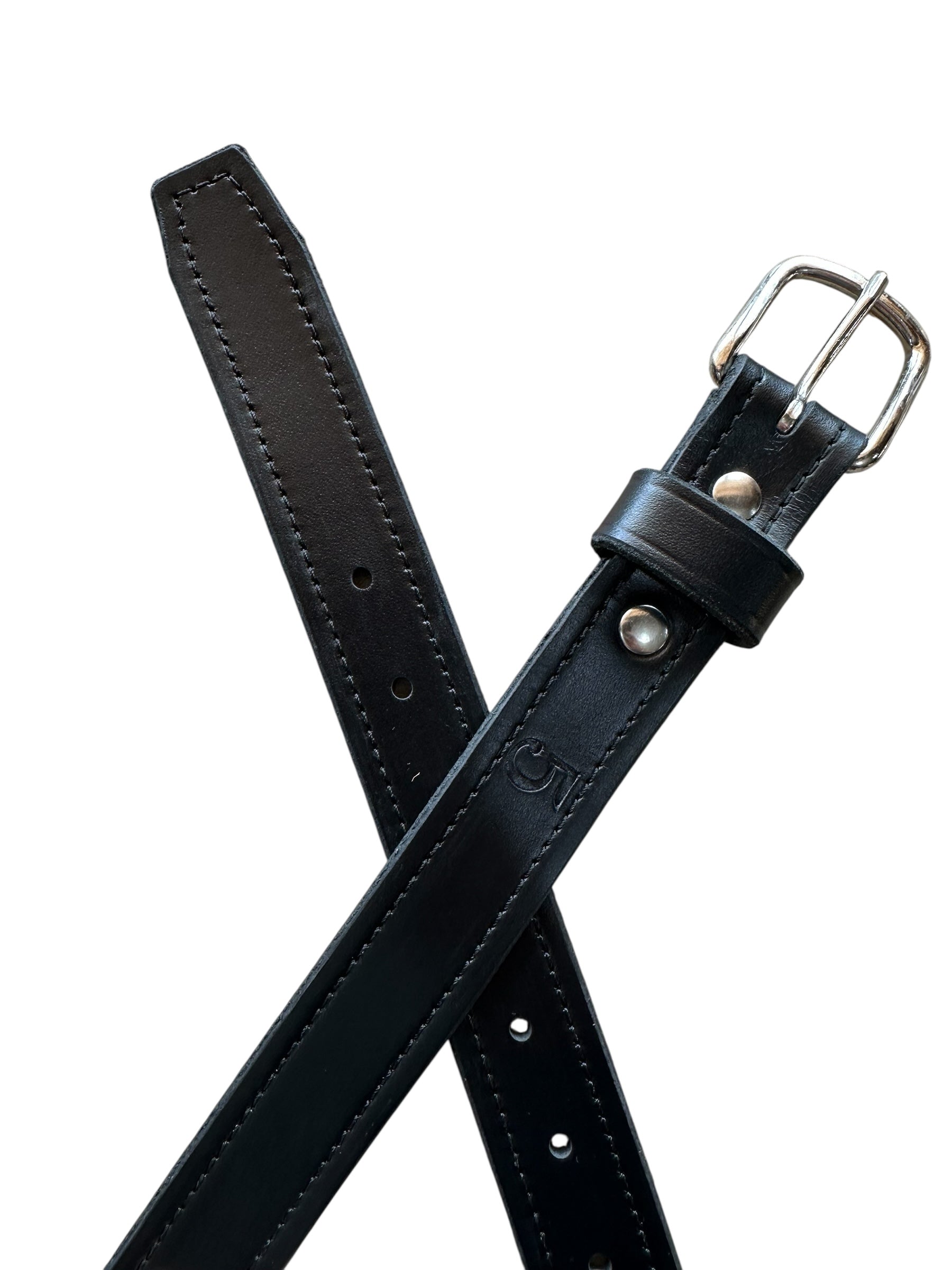 Black leather belt with a silver buckle on a white background