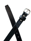 Black leather belt with a silver buckle on a white background