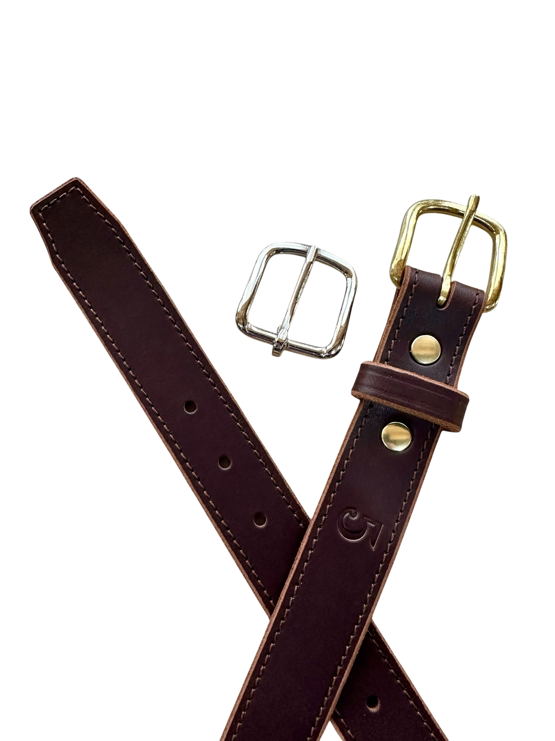 Brown leather belt with silver and gold buckles on a white background