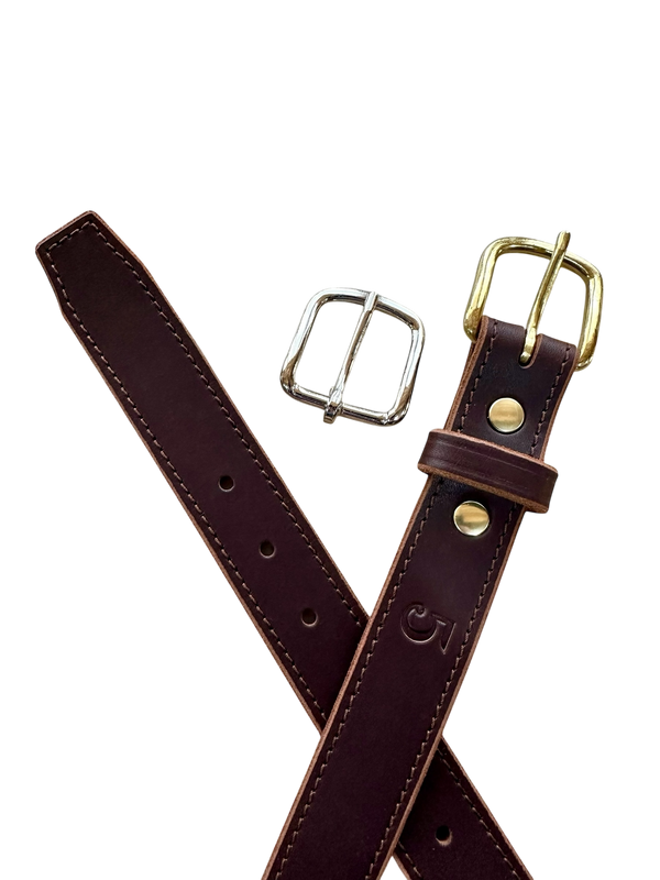 Brown leather belt with silver and gold buckles on a white background