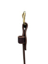 Brown leather strap with brass metal clip on a white background