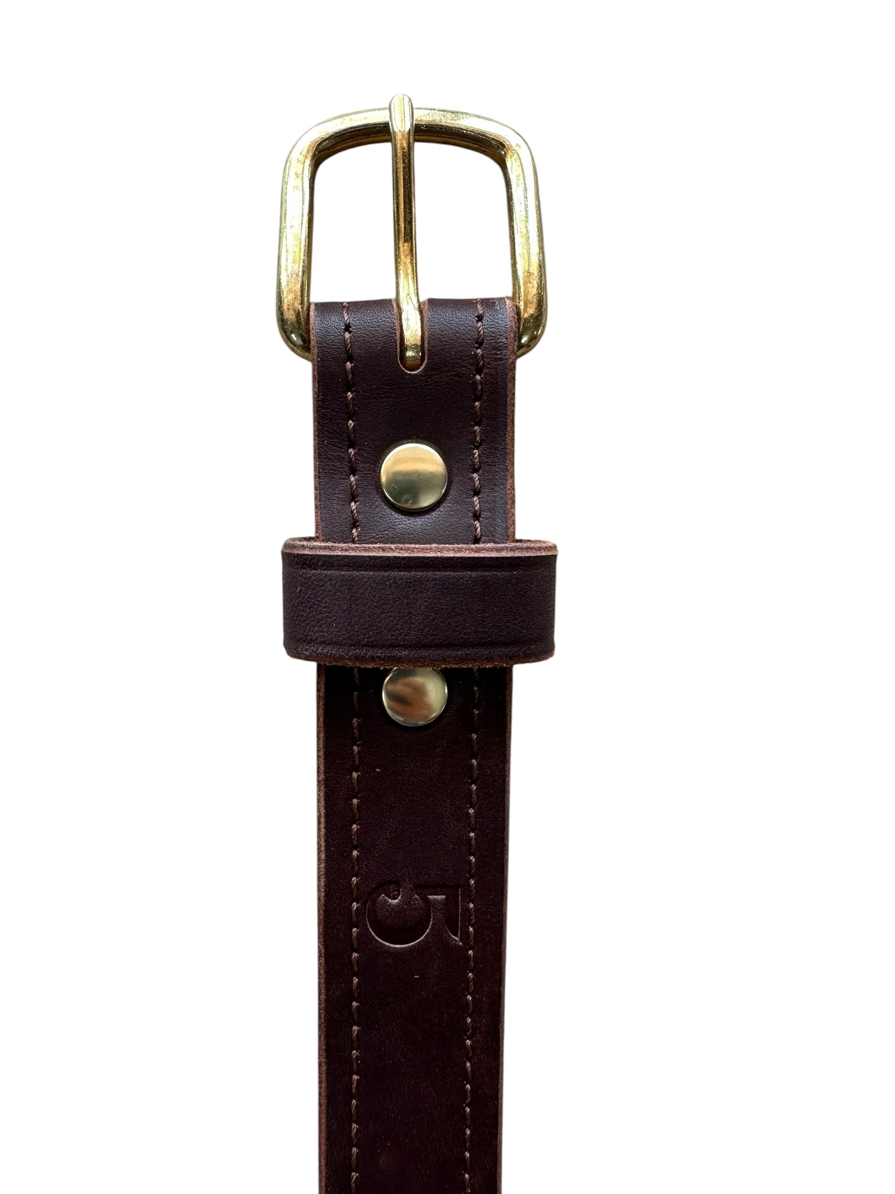 Brown leather belt with brass buckle on a white background