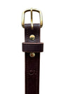 Brown leather belt with brass buckle on a white background